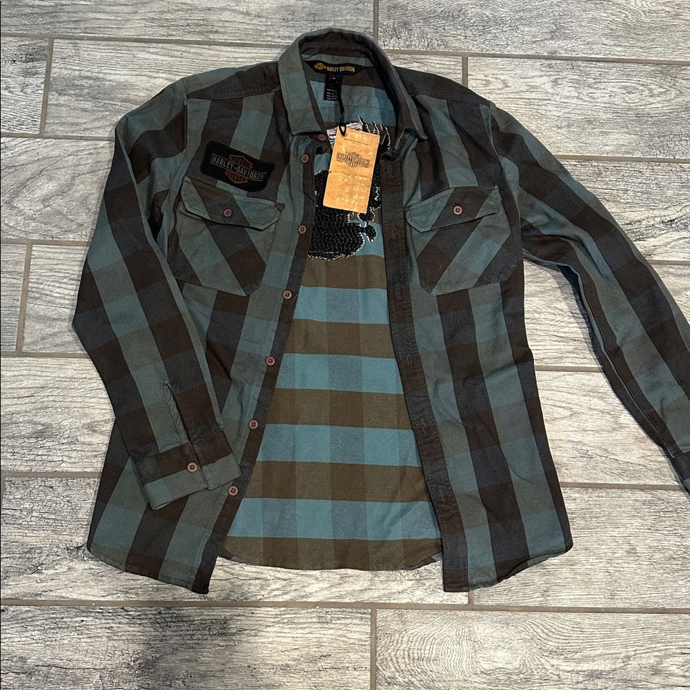 Harley-Davidson Embroidered Plaid Shirt - Blue and Brown